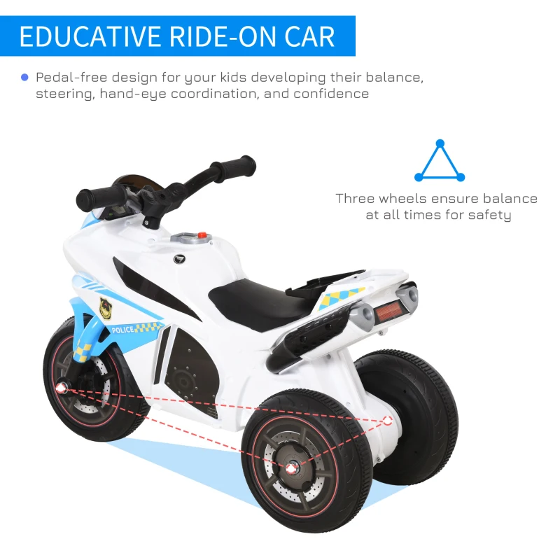 HOMCOM Kids Ride-On Police Bike 3-Wheel Vehicle w/ Music Lights Seat Handlebars Toddler NO POWER Child Learning Fun Development 18-36 Months Blue