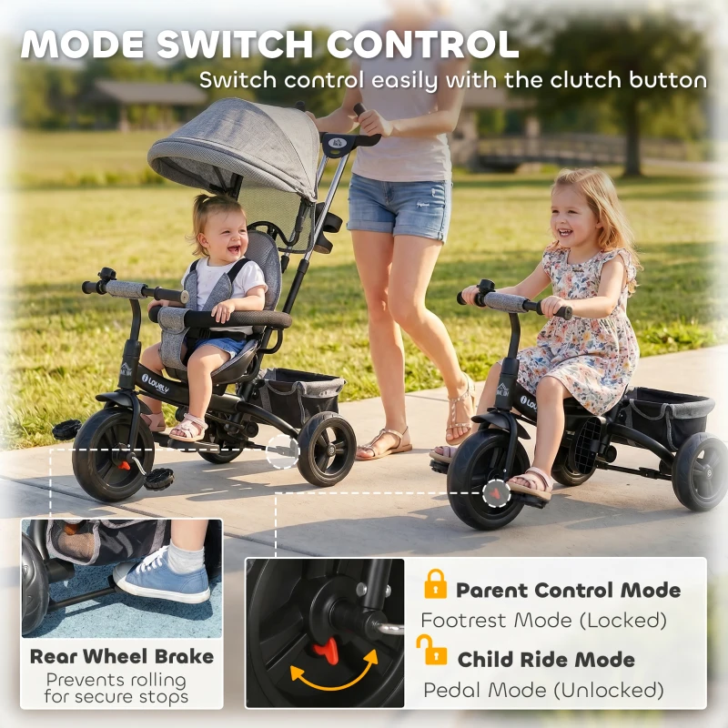 HOMCOM 6 in 1 Kids Trike Push Bike w/ Push Handle, Canopy, 5-point Seat Belt, Storage, Footrest, Brake, for 1-5 Years, Grey