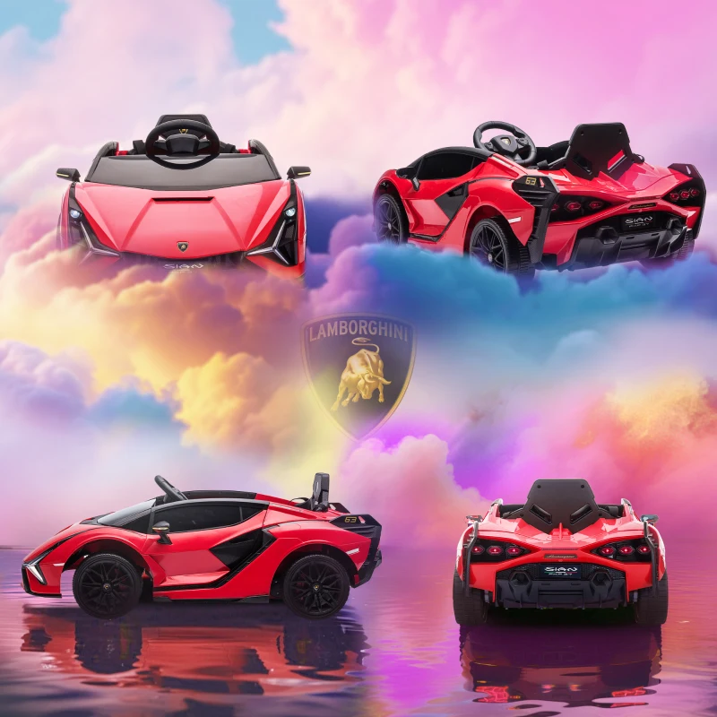 HOMCOM Masina electrica pentru copii 12V Lamborghini cu faruri si muzica, telecomanda si viteza 3-8 km/h, 108x62x40cm, Rosie