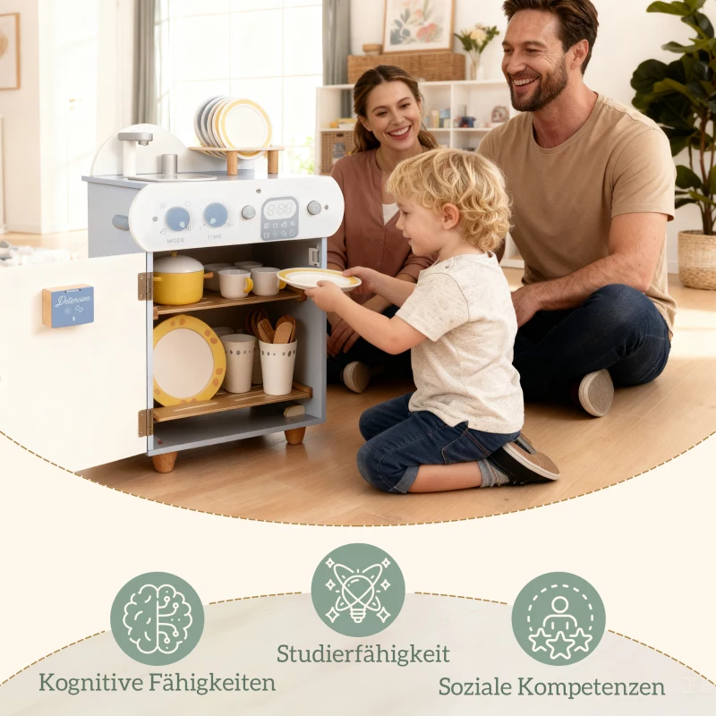AIYAPLAY Spülküchen-Set, Holzgeschirrspüler für Kinder, 32 Zubehör-Teile, MDF, für Kinder ab 3 Jahren, Hellblau