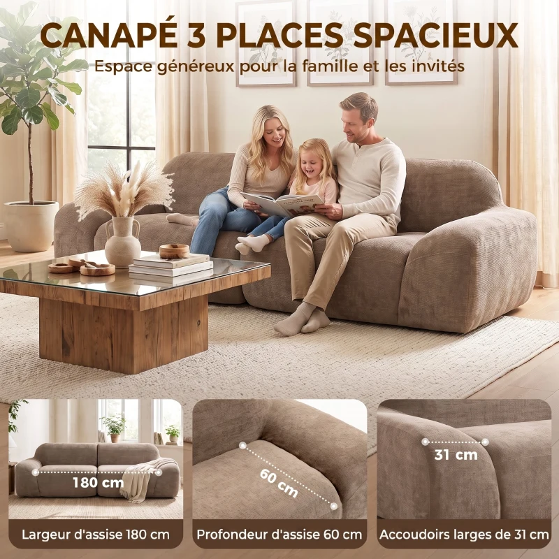 HOMCOM Canapé 3 Places en Chenille 244 cm, Canapé Salon Moderne, Assise et Accoudoirs Larges, Ressorts Ensachés, Marron Clair