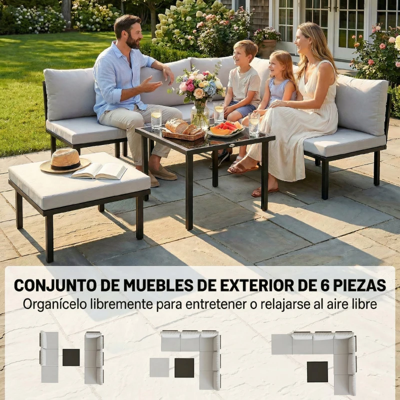 Outsunny Conjunto de Jardín Exterior de 6 Piezas con Sofá 2 Plazas Módulo de Esquina 2 Sillones Reposapiés Mesa de Vidrio Gris