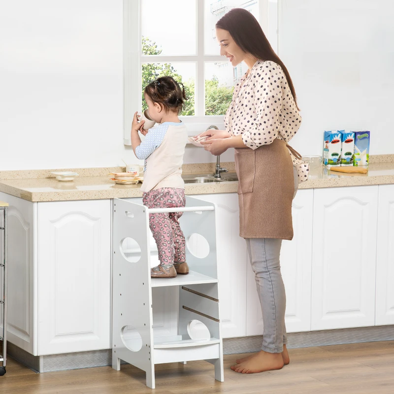 HOMCOM Tour d'apprentissage observation en MDF pour enfants - hauteur réglable - marches antidérapantes avec barres de sécurité - dim. 40L x 50l x 90H cm - blanc