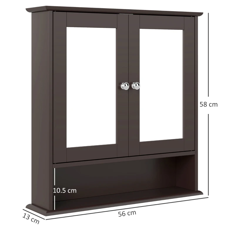 kleankin Armario de Baño con Espejo Armario de Pared con 2 Puertas Estante Abierto Estante Ajustable 56x13x58cm Marrón Oscuro