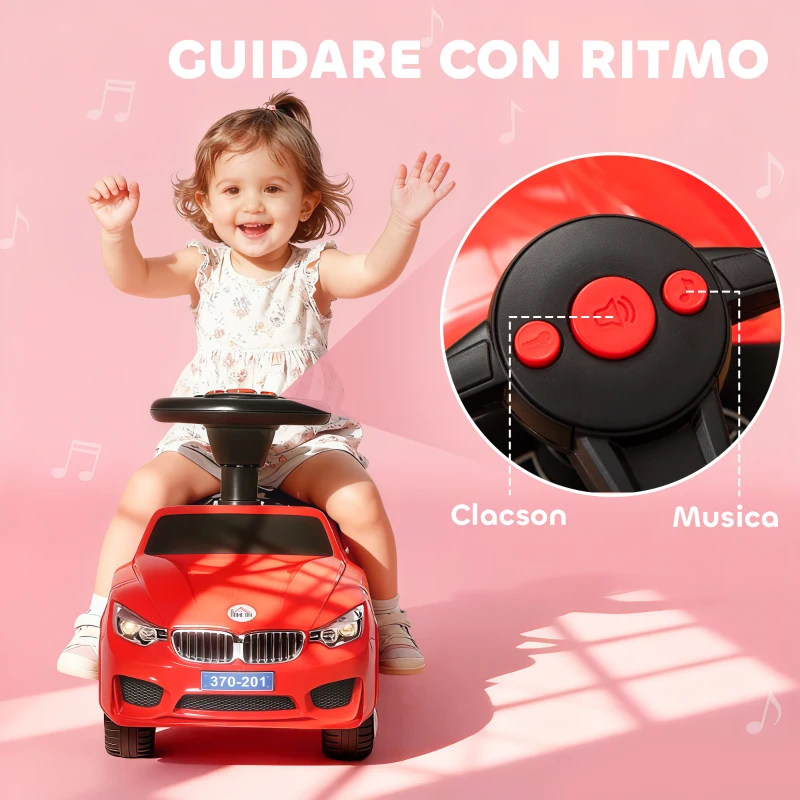 HOMCOM Macchinina per Bambini Cavalcabile con Volante, Fari e Musiche, Età 18-36 Mesi, Rosso