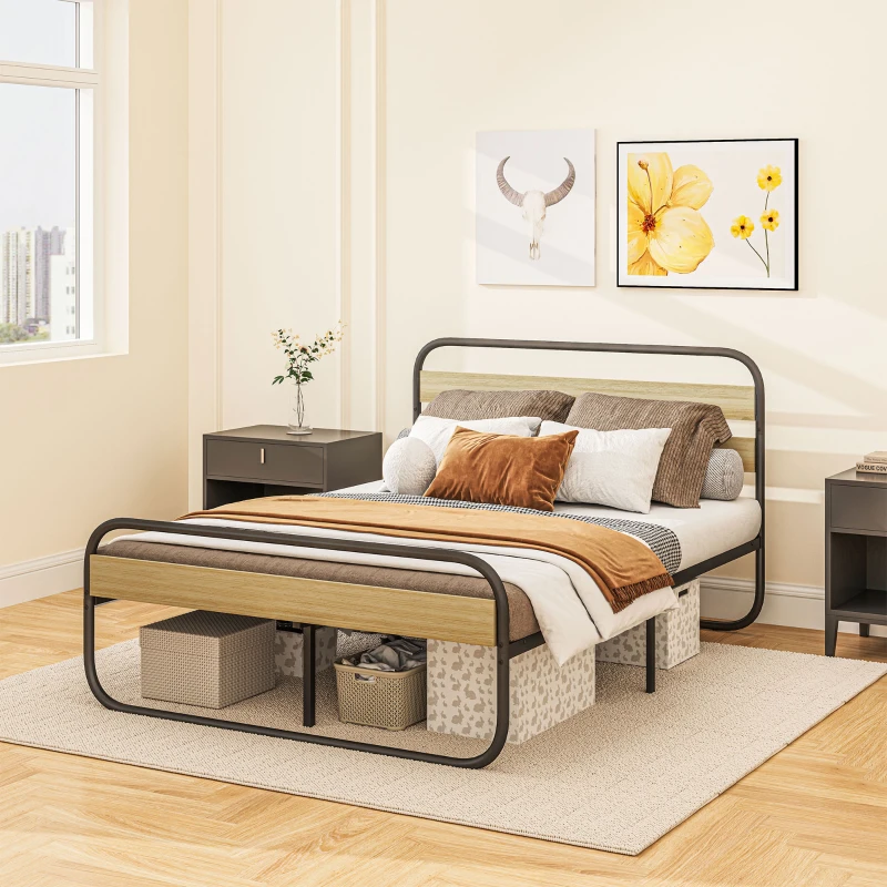 HOMCOM Lit double 140 x 190 cm, cadre de lit en acier style industriel, tête de lit et sommier inclus, aspect bois