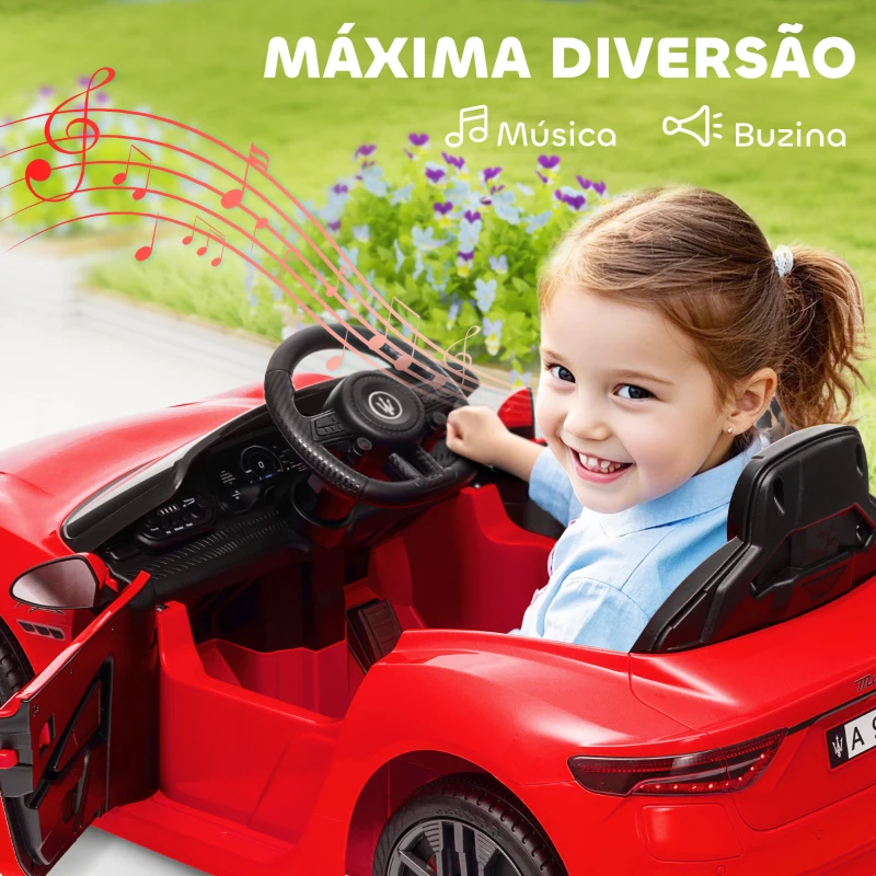 AIYAPLAY Carro Elétrico para Crianças Maserati Gran Turismo Folgore 12V Controlo Remoto Faróis Buzina e Música MP3 98x59x43 cm Vermelho