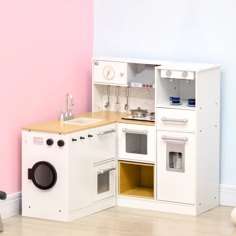 HOMCOM Cozinha Infantil de Madeira Cozinha para Crianças acima de 3 Anos com Luz Sons Máquina de Café Frigorífico Lavatório Branca