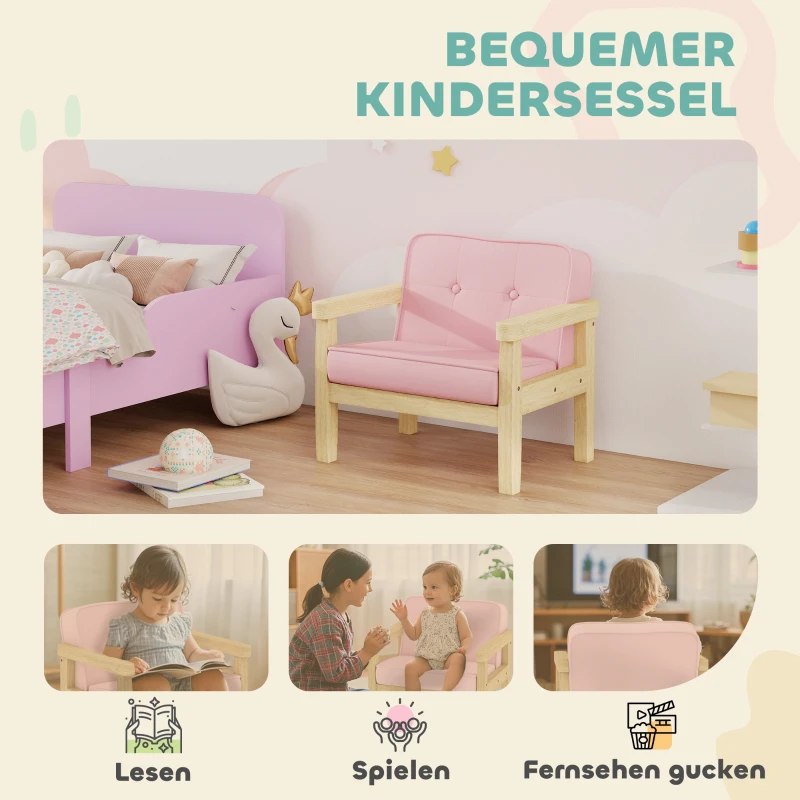 AIYAPLAY kinderfauteuil met ribstof-look, massieve houten poten, schuimstoel voor kinderkamer en speelkamer, 46,5 x 44 x 45 cm, voor kinderen 3-8 jaar Roze