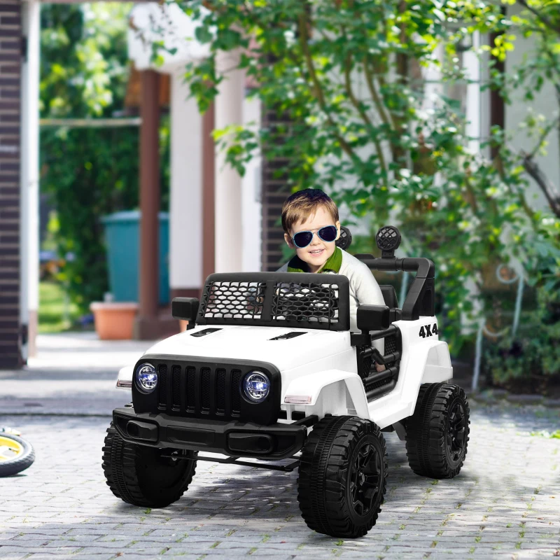HOMCOM Voiture électrique Enfant Propulsion arrière 12 V 5 Km/h Max. télécommande Incluse Effets Lumineux sonores dim. 100L x 65l x 72H cm Blanc