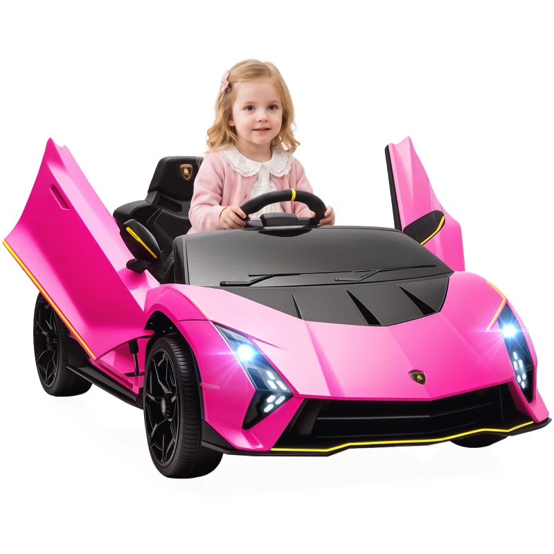 AIYAPLAY Mașină Electrică pentru Copii 3-6 Ani 12V Lamborghini Autentica, 2 Motoare, Uși Tip Foarfecă, Suspensii, Roz