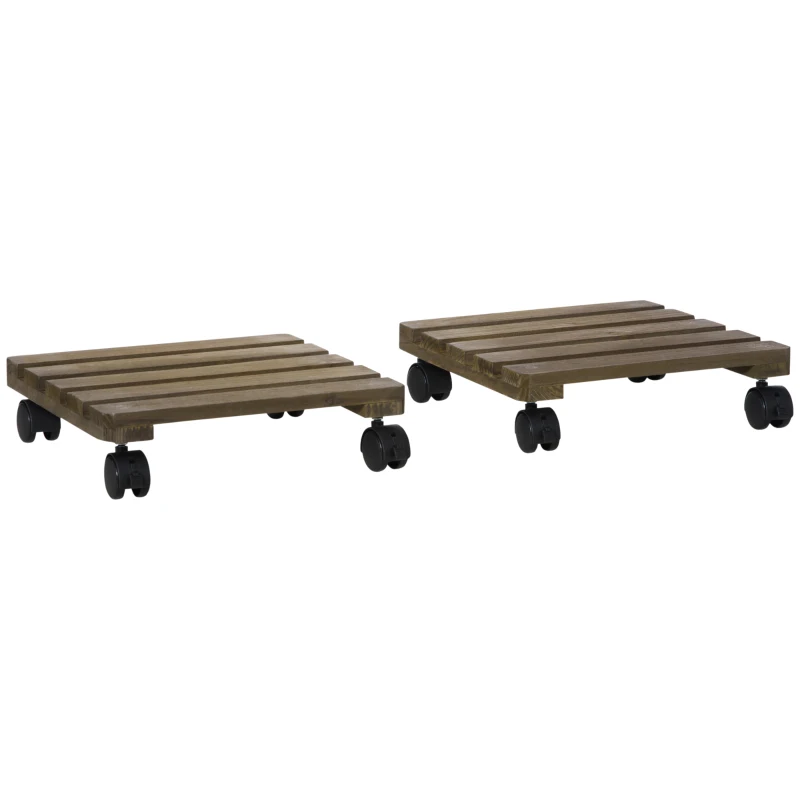 Outsunny Pack de 2 Plataformas con Ruedas de Madera Soportes para Plantas Macetas Exterior Interior Carga 50 kg Marrón Oscuro