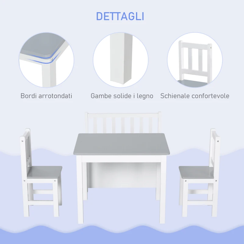 HOMCOM Set Tavolo per Bambini con 2 Sedie e Cassapanca in Legno per Cameretta, Bianco e Grigio