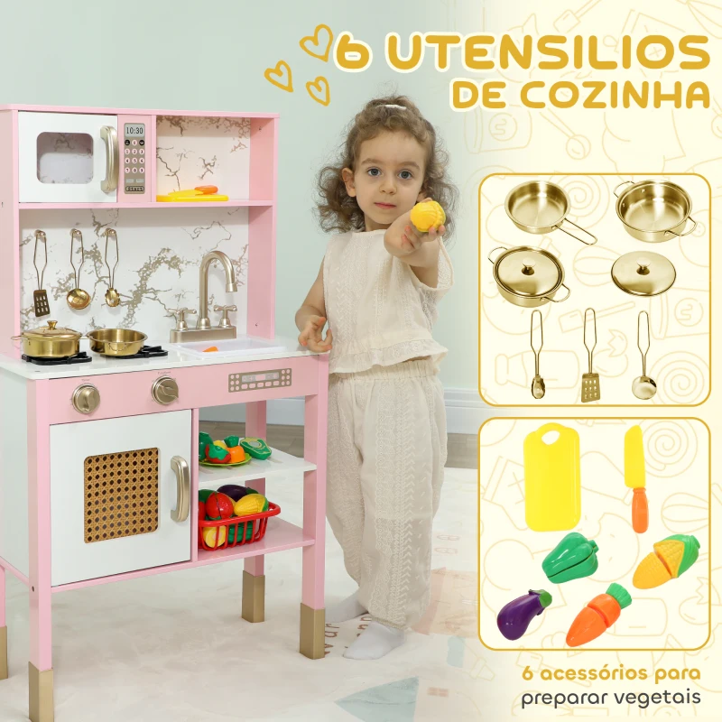 AIYAPLAY Cozinha de Brincar em Madeira com Som Acessórios em Aço Inoxidável Micro-Ondas Forno Lava-Loiças Legumes para Cortar 55x24x96 cm Rosa