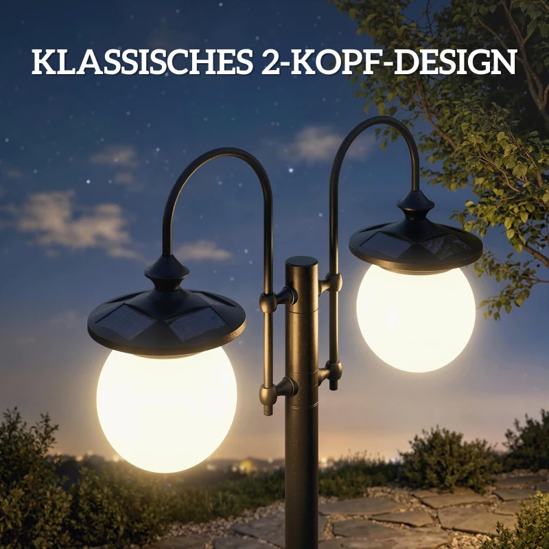 Outsunny Solar lantaarn op paal 182 cm, verstelbare tuinlamp voor buiten met 2 koppen, plantenbak, lichtsensor en schakelaar, IP44