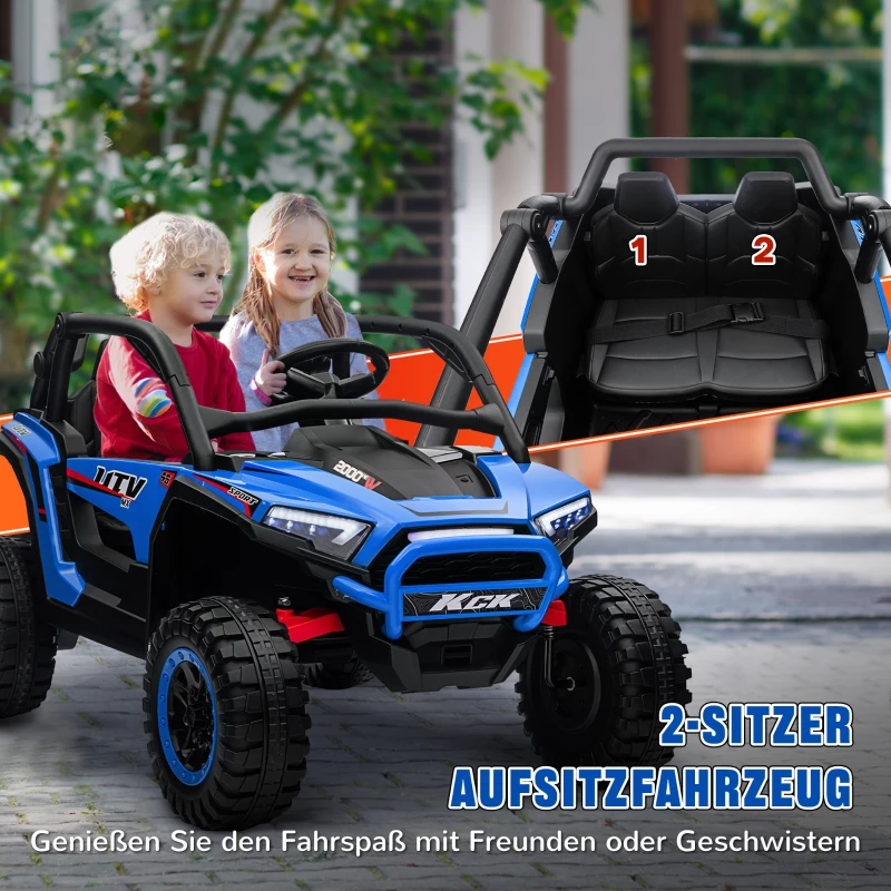 AIYAPLAY Elektrische Kinderauto 24V UTV met 2,4 GHz afstandsbediening, 4 motoren, kinderwagen met claxon, muziek, koplampen, elektrisch voertuig voor kinderen van 3-8 jaar, blauw