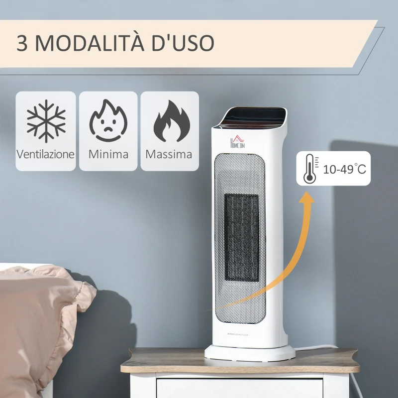 HOMCOM Stufetta Elettrica Oscillante con Telecomando, Temperatura Regolabile e Timer, Potenza 1000W/2000W, 17.6x13.7x50cm, Bianco