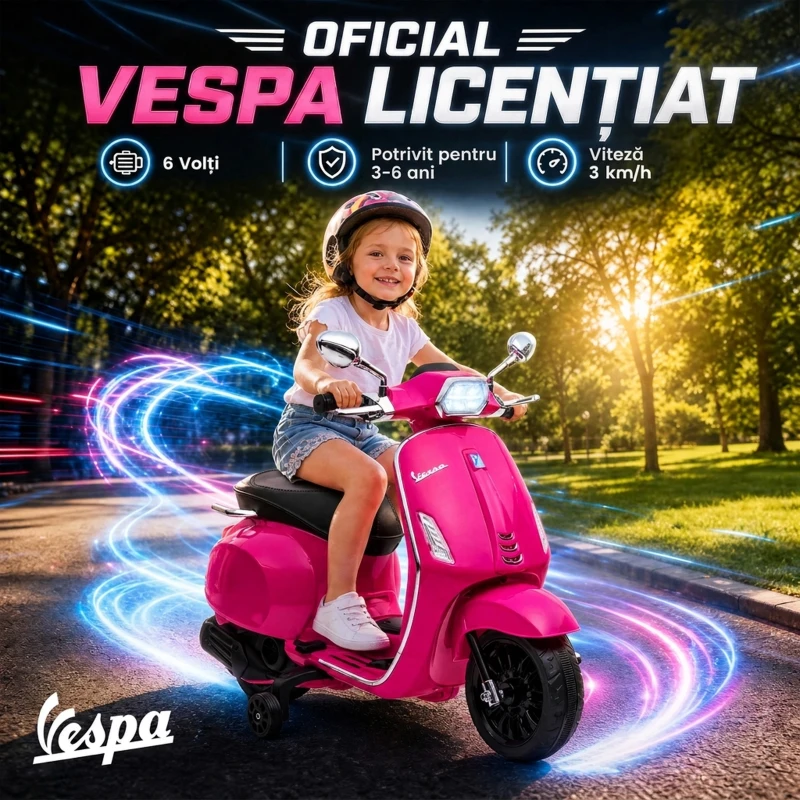 AIYAPLAY Motocicletă electrică pentru copii cu licență Vespa, roți ajutătoare, far și muzică, PP și metal, 107x47x73 cm, Roz