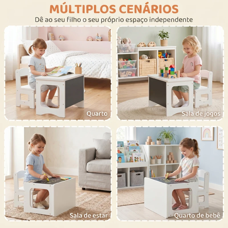 AIYAPLAY Mesa Infantil com Cadeira Tampo Reversível Mesa e Cadeira Infantil com Lousa para Desenho Crianças 3-6 Anos Branco