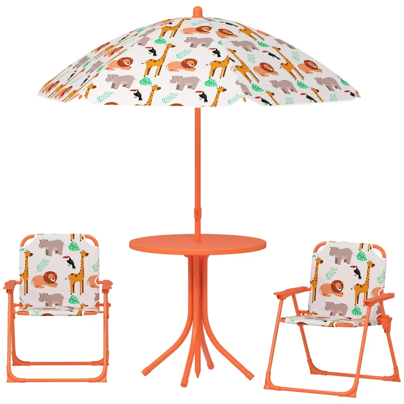 AIYAPLAY Salon de jardin enfant, table enfant avec 2 chaises pliantes et parasol Ø 100 cm, motif animal, orange