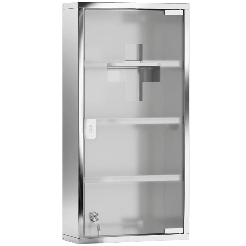 HOMCOM Armoire à Pharmacie 3 étagères 4 Niveaux 30L x 12l x 60H cm Porte Verre trempé Symbole Croix Acier Inoxydable brossé