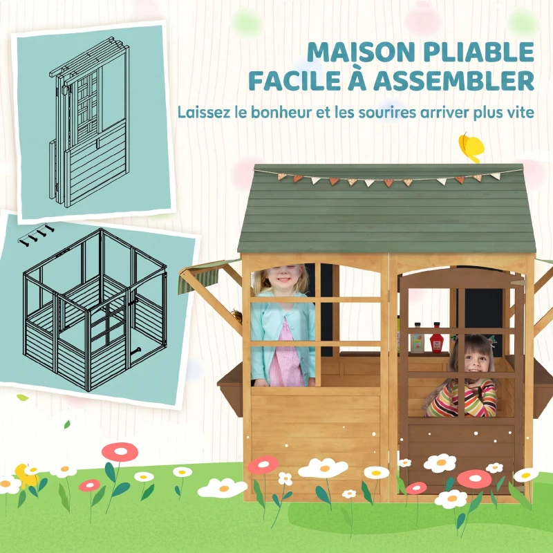 AIYAPLAY Cabane enfant extérieur pliable avec porte, fenêtres, stations de service, auvents de pluie, tableaux noirs, jaune