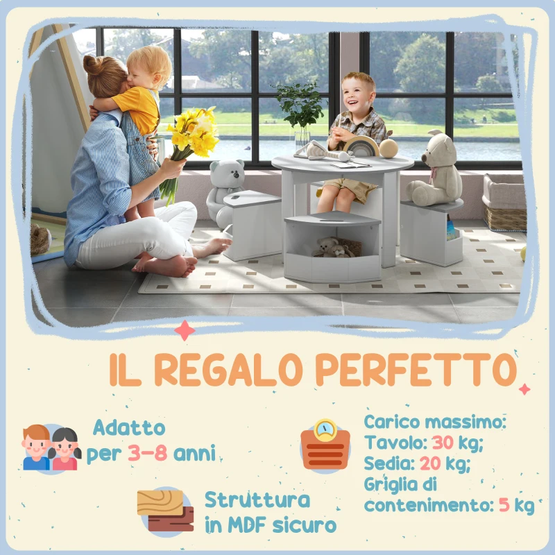 AIYAPLAY Set con Tavolo per Bambini e 4 Sgabelli Salvaspazio con Vano Contenitore in Legno, Grigio