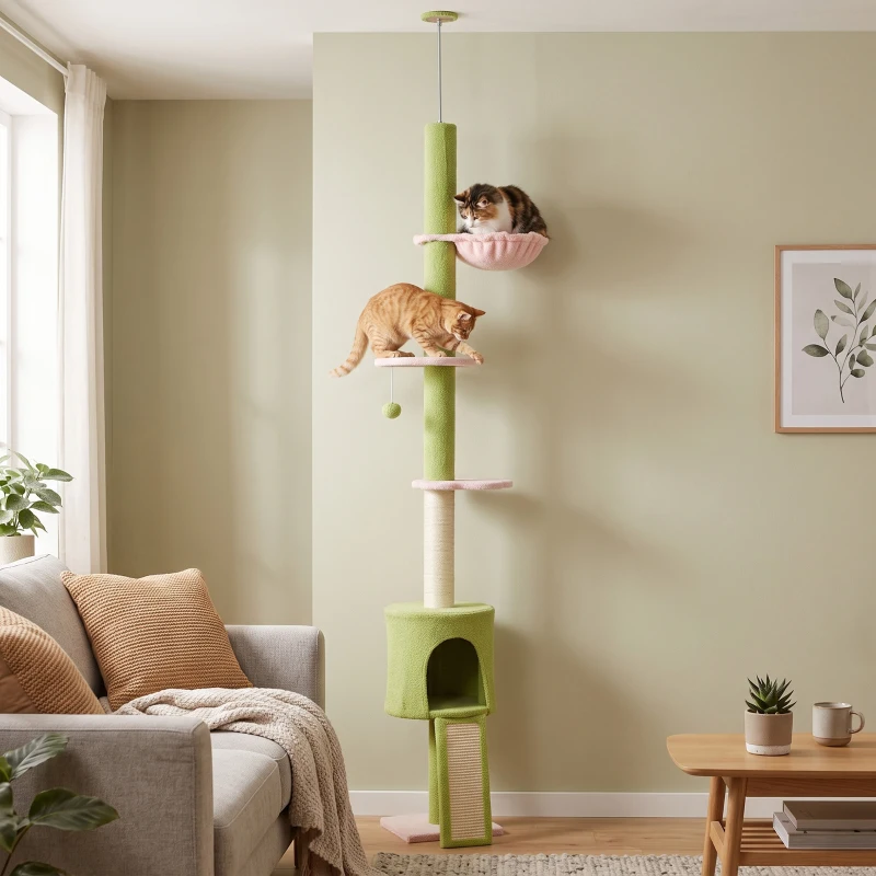 PawHut Krabpaal met kattenhuisje, hangmat, verstelbare hoogte en stoffen bekleding, groen