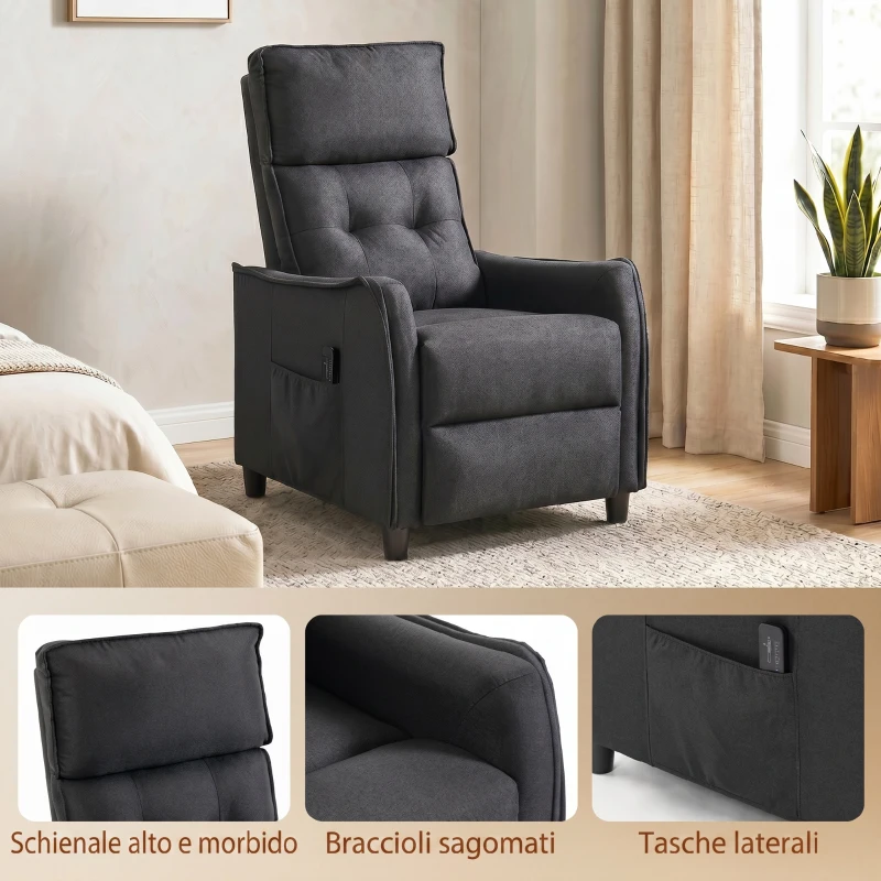 HOMCOM Poltrona Massaggiante e Reclinabile a 160° con Poggiapiedi e Telecomando, 69x93x104 cm, Effetto Lino Grigio Scuro