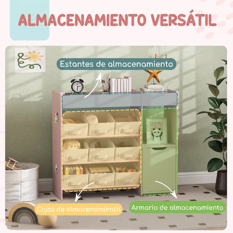 AIYAPLAY Organizador Infantil con Compartimentos 9 Cestas Extraíbles y Láminas de Pegatinas 92x30x80 cm Rosa