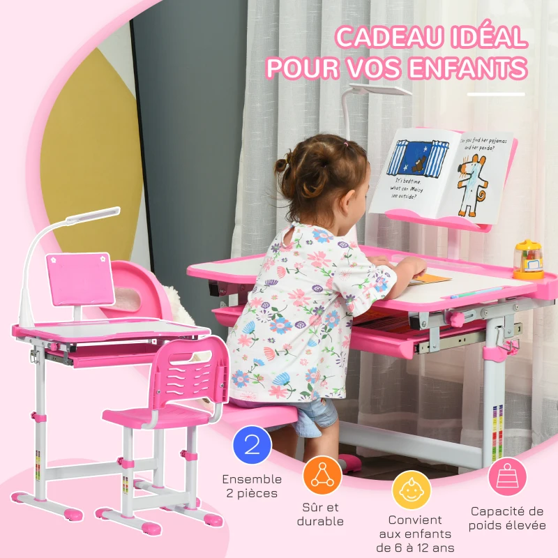 HOMCOM Ensemble chaise et bureau pour enfants avec lampe LED hauteur réglable plateau incliné support de lecture rose