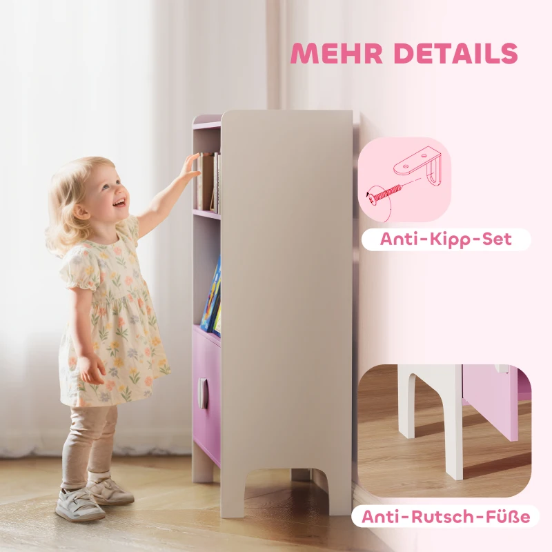 AIYAPLAY Boekenrek voor kinderen, 2 schappen, 2 kasten, vrijstaand, kantelbeveiliging, antislipvoetjes, MDF, Roze+Wit