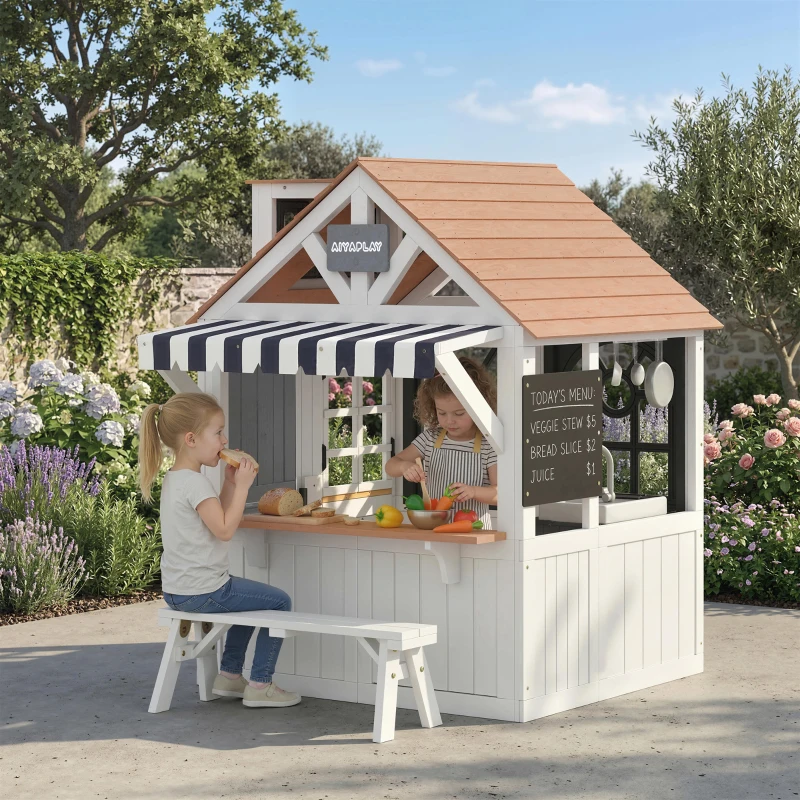 AIYAPLAY Cabane enfant extérieur en bois, maison enfant extérieure avec chatière, ustensiles de cuisine, banc et sonnette, blanc