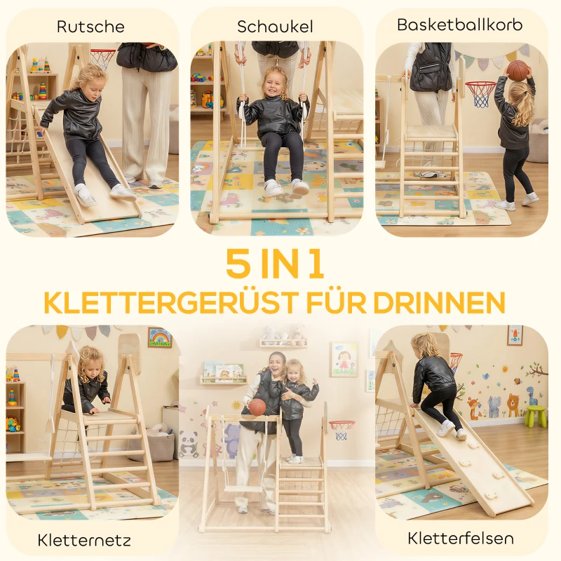 AIYAPLAY 5-in-1 indoor klimrek met glijbaan, schommel, klimnet, basketbalring, opvouwbaar, 3-6 jaar, natuurhout