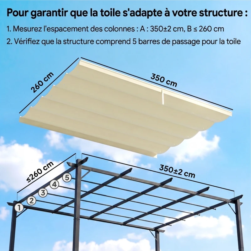 Outsunny Toile de toit pour pergola tonnelle rétractable de 4 x 3 m - toile uniquement 350 x 260 cm crème