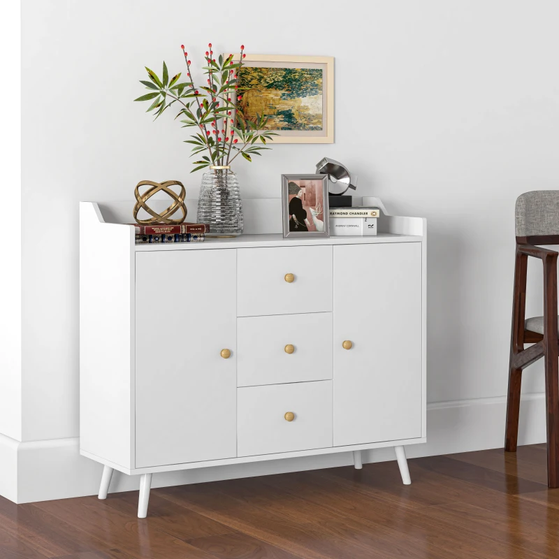 HOMCOM Buffet, meuble de rangement avec 2 portes, 3 tiroirs et pieds en bois massif, style moderne, 90 x 32 x 80 cm, blanc