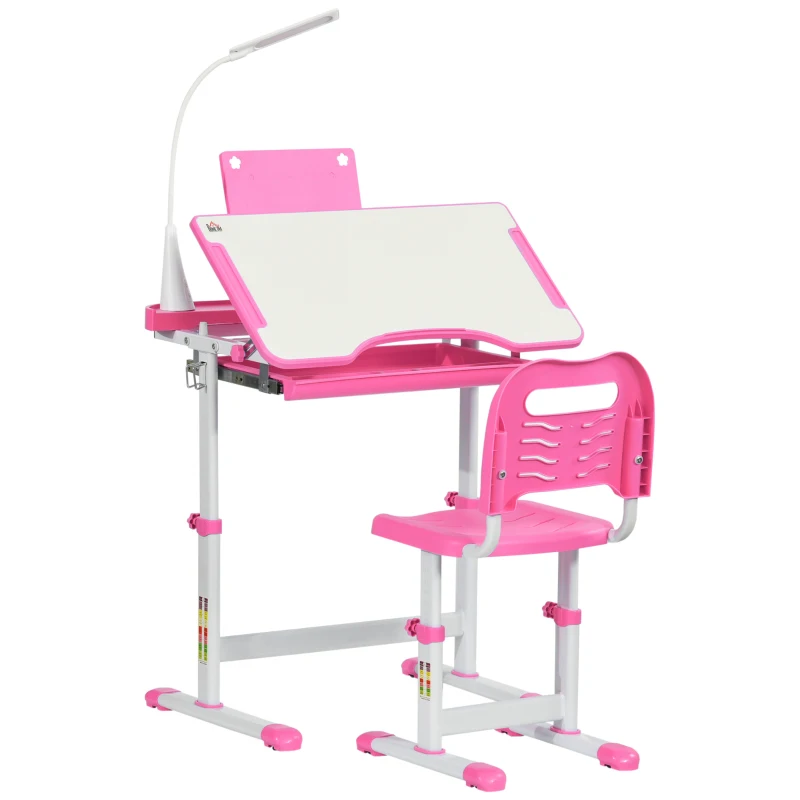 HOMCOM Banco Scuola Regolabile con Sedia per Bambini 6-12 Anni, 70x49.5x80-105 cm, Rosa