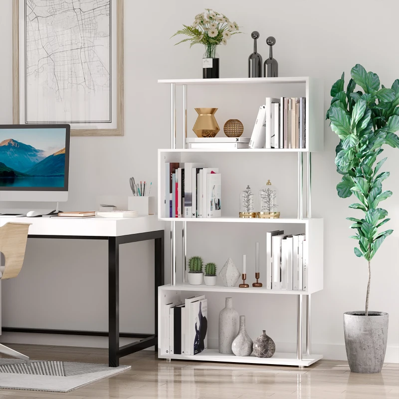 HOMCOM Librería en Forma S Estantería para Libros de 4 Niveles Mueble Estantería para Salón Oficina Estudio 80x30x145 cm Blanco