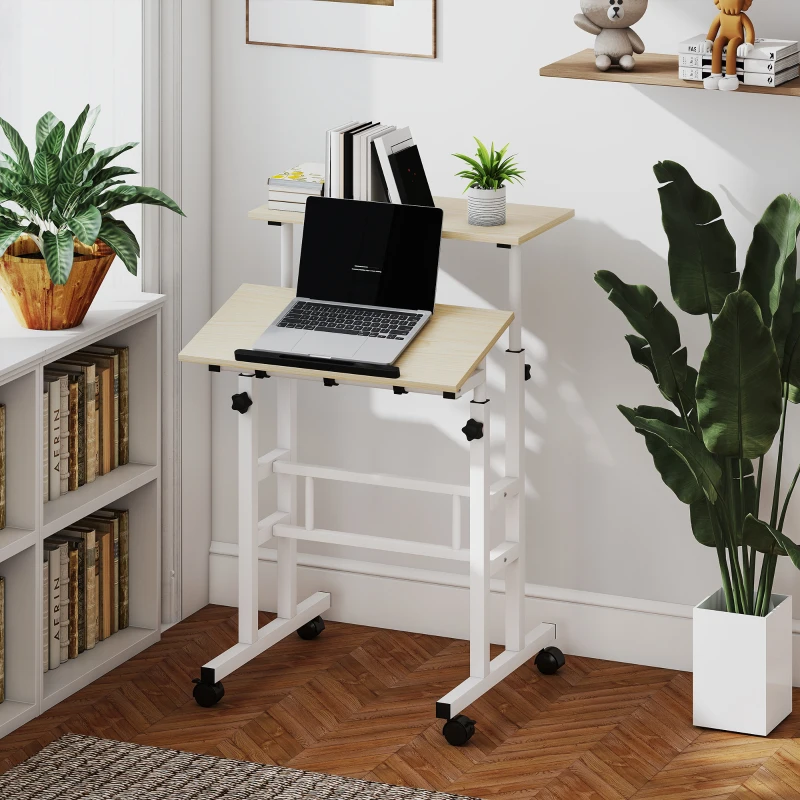 HOMCOM Bureau assis debout bureau réglable en hauteur 60 x 60 cm à roulettes avec plateau inclinable cadre en métal naturel