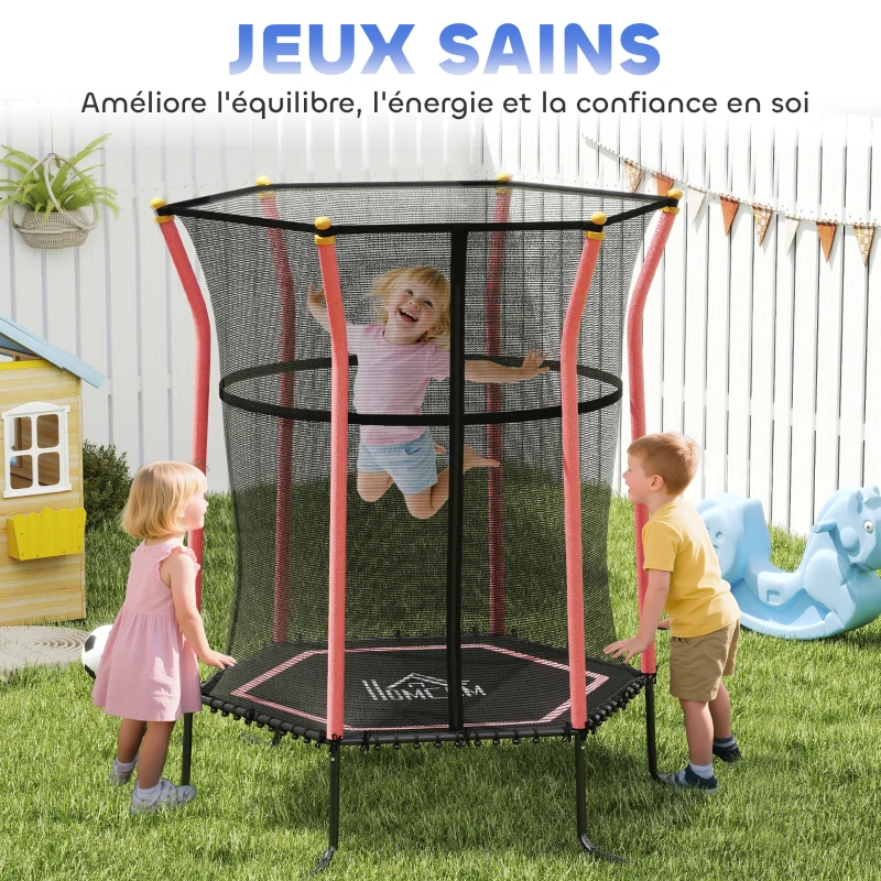 HOMCOM Trampoline pour enfant 1,22 x 1,11 x 1,9 m filet de sécurité porte zippée 6 poteaux rembourrés inclus rouge noir