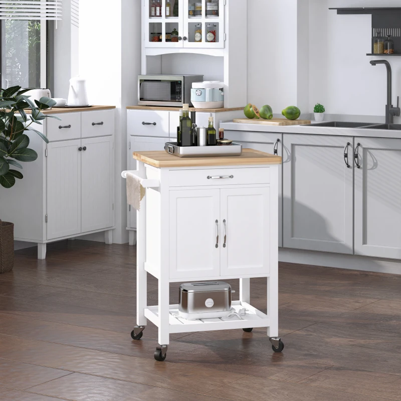 HOMCOM Carrello da Cucina Salvaspazio con Cassetto Armadietto e Ripiano, Mobile Cucina Carrello da Portata con 4 Ruote per Sala da Pranzo, Bianco