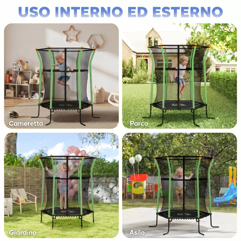 HOMCOM Trampolino Elastico per Bambini 3-10 Anni con Ingresso a Cerniera e Pali Imbottiti, 122x111x190 cm, Verde