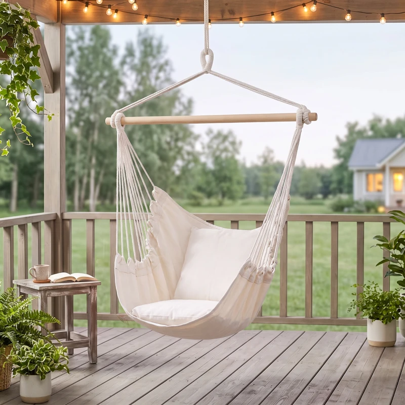 Outsunny Fauteuil suspendu extérieur chaise hamac avec 2 coussins, intérieur et extérieur, en tissu coton mélangé, crème