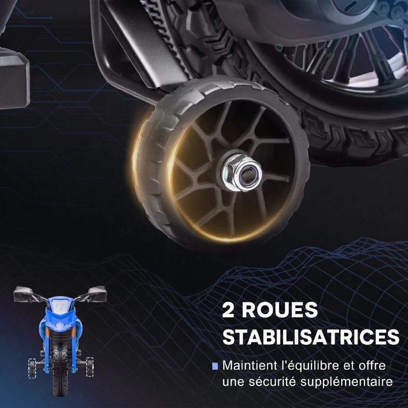 AIYAPLAY Moto cross électrique pour enfants 3-8 ans, batterie 6 V, 2 moteurs, klaxon et roues d'entraînement, charge 30KG, bleu
