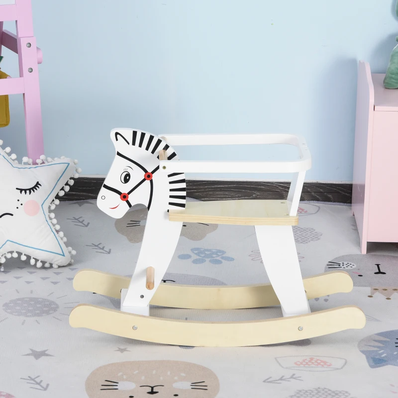 HOMCOM Cavallo a Dondolo Classico in Legno per Bambini 1-3 Anni con Bordo, Maniglie e Poggiapiedi, 68x26.5x48cm, Bianco