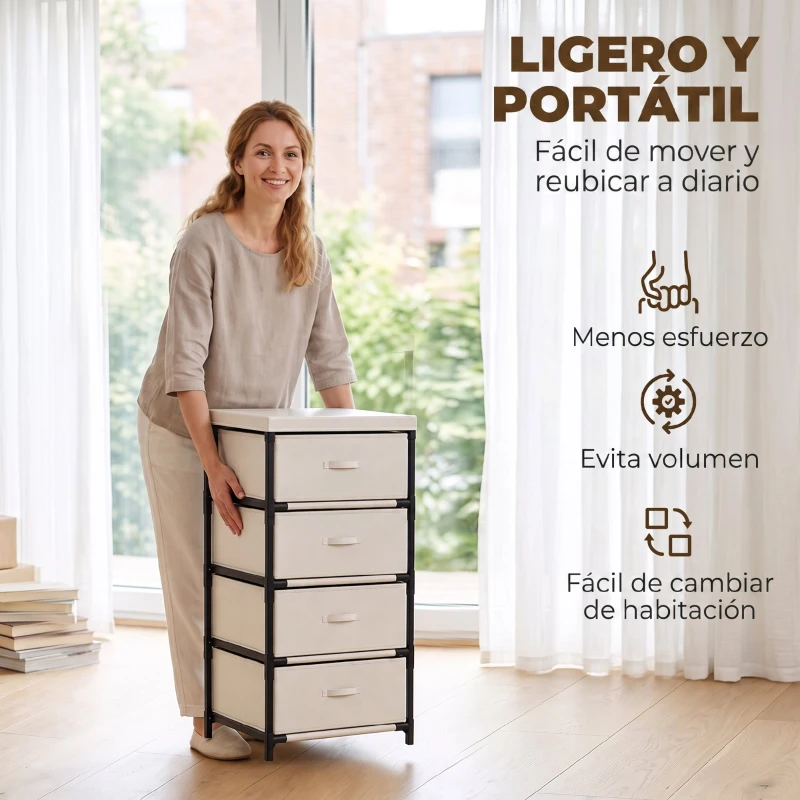 HOMCOM Cómoda para Dormitorio con 4 Cajones de Tela Marco de Acero Cajonera para Salón Oficina Vestidor Beige