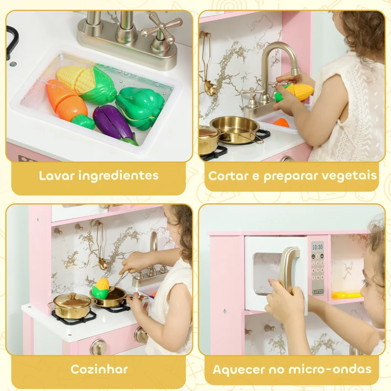 AIYAPLAY Cozinha de Brincar em Madeira com Som Acessórios em Aço Inoxidável Micro-Ondas Forno Lava-Loiças Legumes para Cortar 55x24x96 cm Rosa