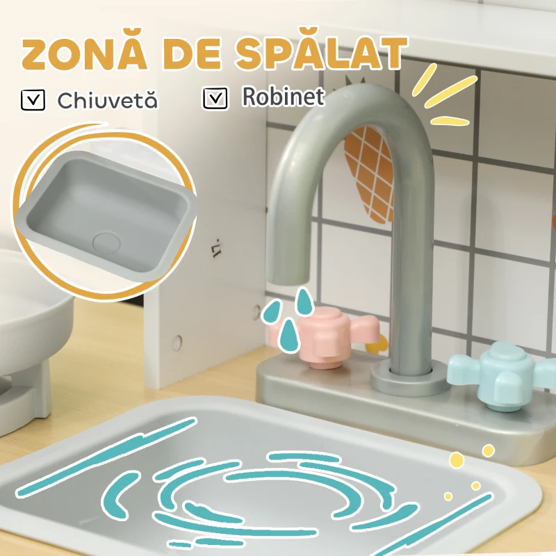 AIYAPLAY Bucătărie de Jucărie pentru Copii 3+ Ani din Lemn, Aragaz Interactiv, Cuptor și Mașină de Cafea, Alb
