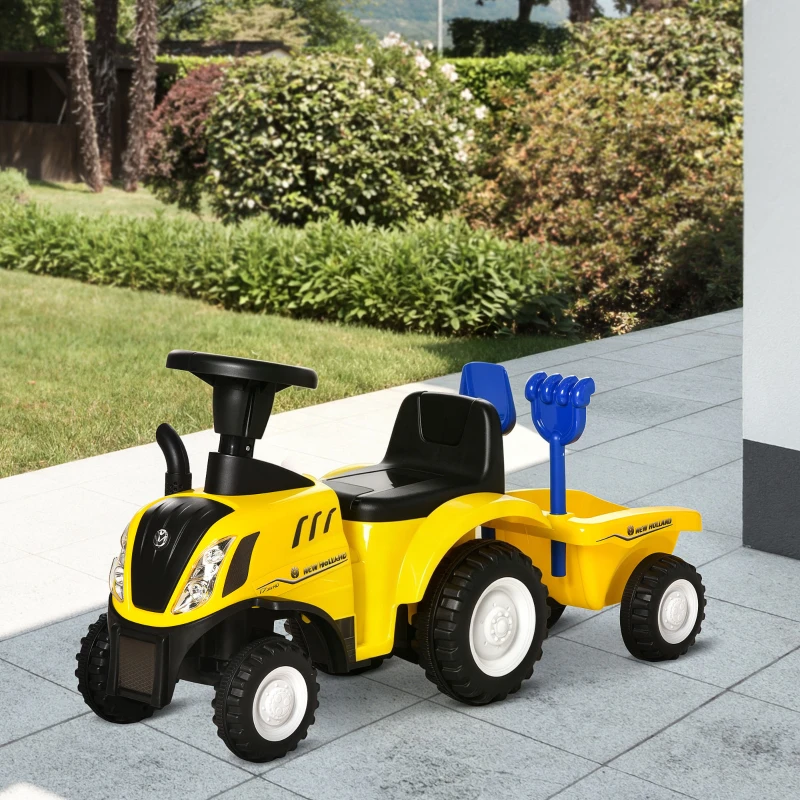 HOMCOM Porteur tracteur enfants avec coffre amovible, râteau et pelle, voiture enfants avec lumière LED et klaxon, jaune