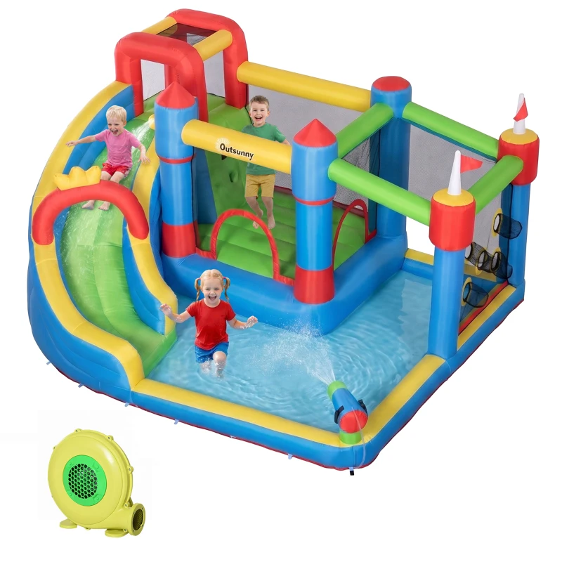 Outsunny 6 in 1 Kids Bouncy Castle, with Water Slide, Water Gun, Climbing Wall, Air Blower for Indoors/Outdoors, 3.9 x 3 x 2m